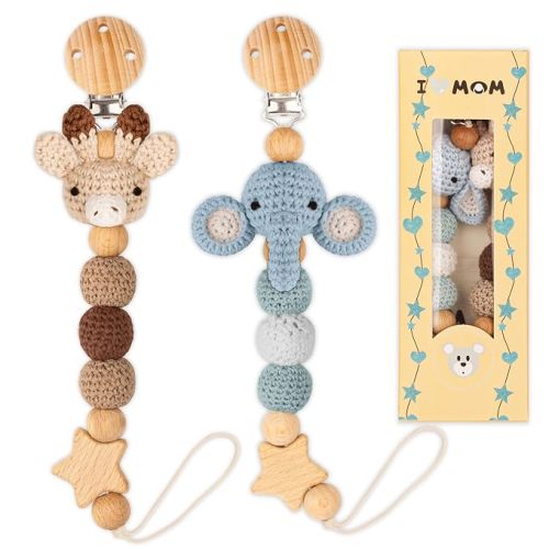 Pacifier Clip, 2 Pack Pacifier Holder for Boys and Girls, Cute Deer Handmade Knitted Christmas Pacifier Clip Fits for Most Pacifier, Baby Teethers, Baby Shower and Baby Gift(Elephant&Deer) - Blue&Grayish-White