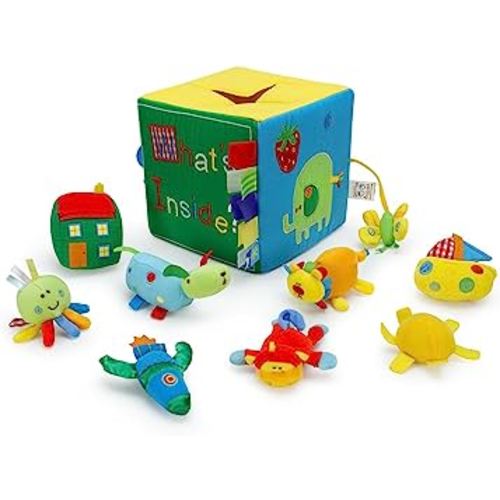Genius Baby Toys Surprise Box for Baby - What's Inside Box with 8 Sensory Toys for Baby, 7" Square Cube - Deluxe, Perfect Size for Small Hands