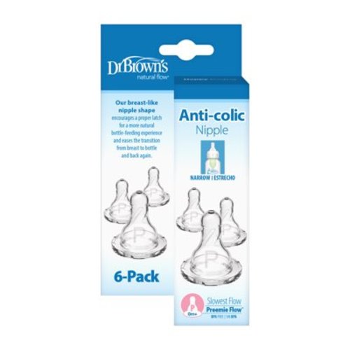Dr. Brown's Natural Flow Preemie Flow, Narrow Baby Bottle Nipple, Slowest Flow, 0m+, 100% Silicone, 6 Pack