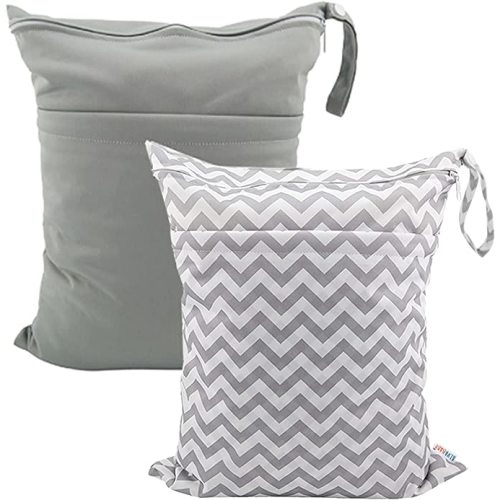 ALVABABY Lot de 2 sacs pour couches et articles humides/secs avec deux compartiments à fermeture à glissière – Sacs réutilisables et imperméables pour toutes sortes d'activités – Chevron gris