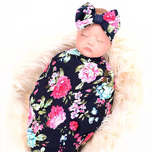 Newborn Receiving Blanket Headband Set Flower Print Baby Swaddle Receiving Blankets Galabloomer Navy Blue Rose