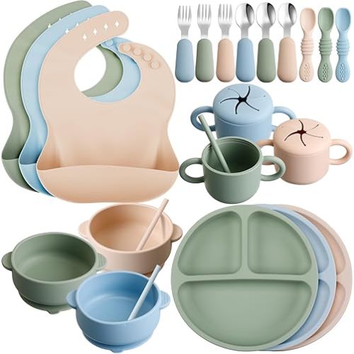 24 Pack Silicone Baby Feeding Set Baby Led Weaning Supplies Includes Suction Divided Plates Soft Bowl Spoons Forks Adjustable Bib Snack Cup and Straws for Baby Self Eating Feeding Supplies, 3 Colors