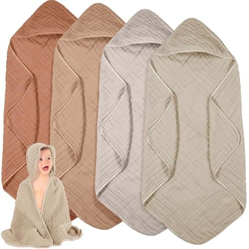 Peryiter 4 Pcs Baby Towels Cotton Muslin Hooded Baby Towels for Newborn Infant Toddler Large 32 x 32 Inch Soft Absorbent Blankets Bath Essentials Registry Gifts for Girl Boy (Brown Series)