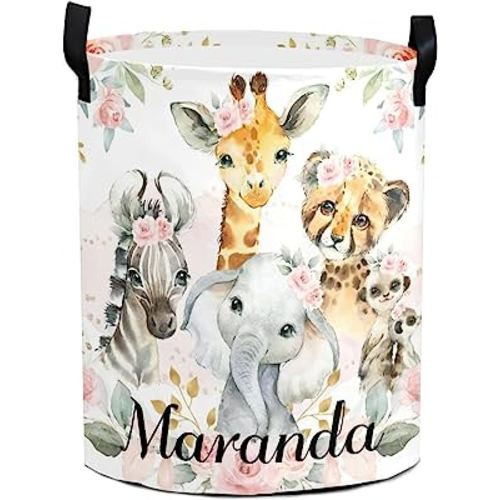 Personalized Freestanding Laundry Hamper, Custom Waterproof Collapsible Drawstring Basket Storage Bins with Handle for Clothes Safari Jungle