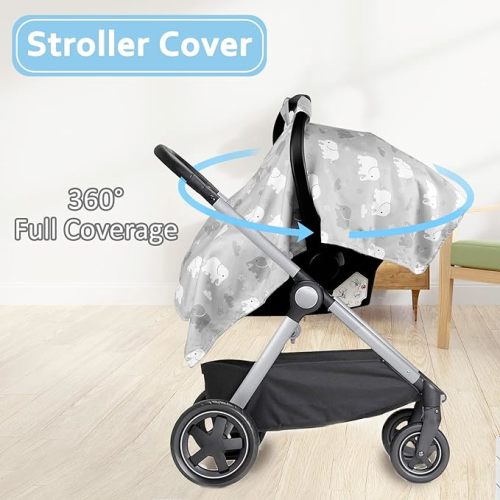Carseat Cover Boys, Peekaboo Opening Carseat Canopy for Newborn, Multiuse Minky Car Seat Blanket for Infant Toddler, Warm & Cozy, Grey Elephant