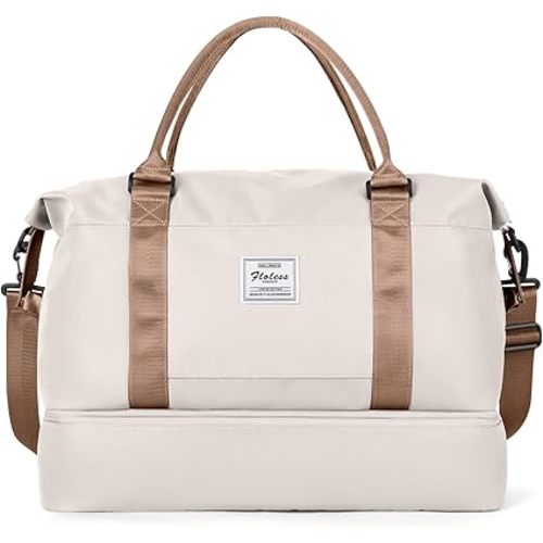 Travel Duffel Bag with Shoes Compartment, Weekender Overnight Bag for Women,Carry on Personal Item Bag,Gym Bag,Extra Large,Beige & Brown