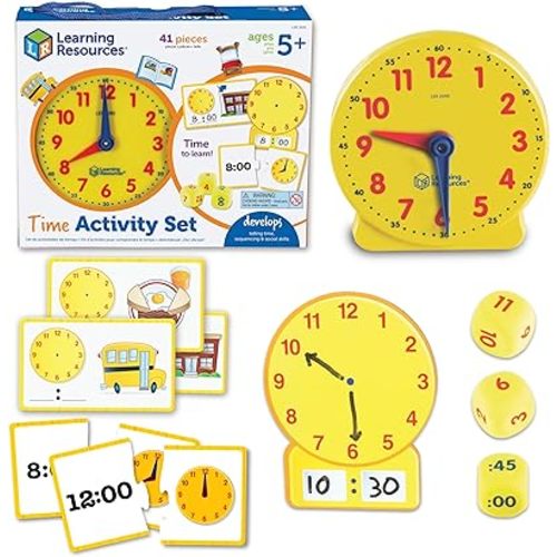 Learning Resources Time Activity Set - Kids Learning Clock, Classroom Clocks for Students, Telling Time Teaching Clock, Analog Clocks for Kids, Teaching Classroom Supplies