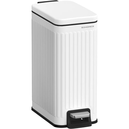 SONGMICS Bathroom Trash Can, 1.6-Gallon (6 L) Trash Bin with Lid, Slim for Small Spaces, Stainless Steel Garbage Can, Soft Close, White ULTB563W02