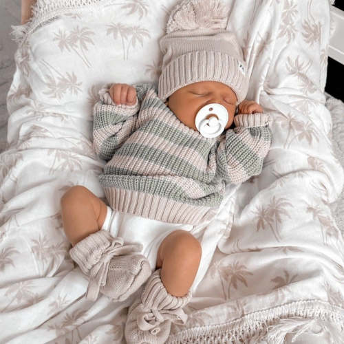 Newborn Chunky Knit Sweater - Muted Green & Mushroom Stripes| 3 Little Crowns