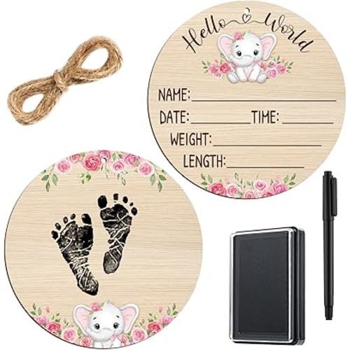Thyle Baby Announcement Wooden Name Sign for Hospital Birth Double Sided Newborn Welcome Sign with Marker Pen and Ink Pad for Baby Shower Hand Footprints(Elephant)