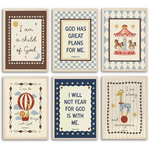 Christian Nursery Wall Art Set of 6 - Bible Verse Canvas Prints for Kids Room Decor, Scripture Art for Boys Girls Bedroom, Faith-Based Inspirational Quotes 12x16 Unframed