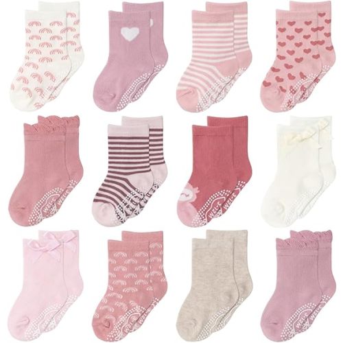 The Peanutshell Organic Baby Girl Socks 0-24 Months Set of 12 - Non-Slip Grip, Soft Cotton Newborn & Toddler Socks - Blush
