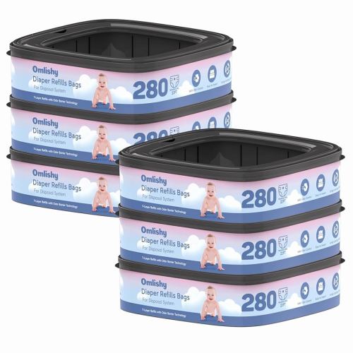 6 Pack Standard Square Bags Refill Compatible with Diaper Genie Compact, Select and Classic Pails, Max Odor Control, Disposal Bag Refills with Continuous Film, Hold Up to 280 Newborn-Sized Diapers