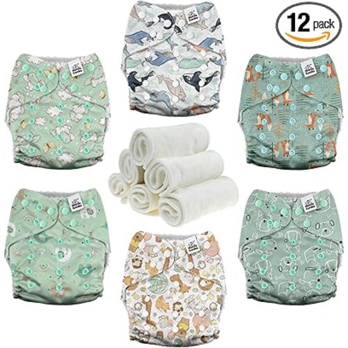 Mama Koala 3.0 Pocket Cloth Diapers for Babies with AWJ Lining, 6 Pack with 6 4-Layer Natural Cloth Diaper Inserts - Reusable and Washable Pocket Diapers (Adorable Animal)