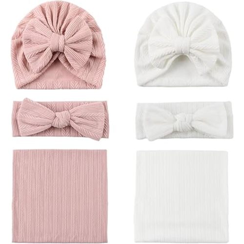 OMUKY Newborn Receiving Blanket Bow Headband and Beanie Set Baby Swaddle Receiving Blankets Baby Boy Girls Nursery Swaddle Wrap(White+Pink)