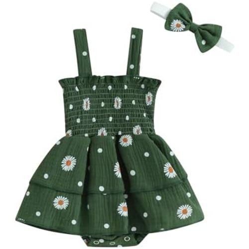 Karwuiio Infant Baby Girls Bodysuit Rompers Dress Newborn Short Sleeve Daisy Romper with Headband Summer Clothes Set