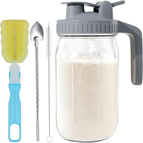 Glass Mason Jar Pitcher - 32oz Breast Milk Pitcher with Pour Spout Lid, Airtight Seal - Ideal for Cold Brew Coffee, Juice, Lemonade, and More - Premium Glass Jug for Beverages and Sun Tea