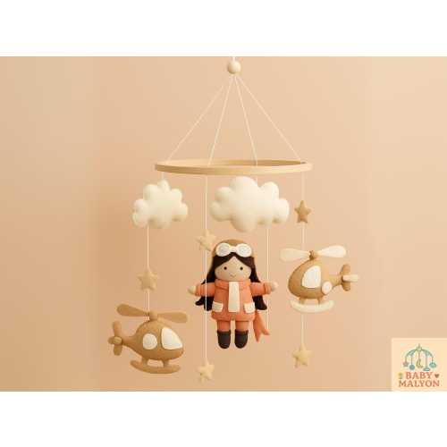 Aviator Mobile - Helicopter Mobile- Wooden Helicopter - Handmade Helicopter Nursery Decor - Aviation Mobile - Parachute Mobile - Baby Mobile