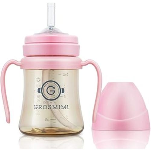GROSMIMI Spill Proof no Spill Magic Sippy Cup with Straw with Handle for Baby and Toddlers, Customizable, PPSU, BPA Free 6 oz (Pink)