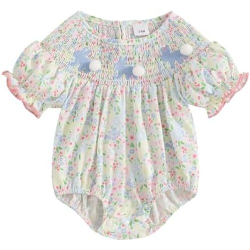 Kayotuas Baby Girl Easter Outfit Easter Bunny Bubble Romper Embroidery Puff Sleeve Jumpsuit with Headband Cute Summer Clothes