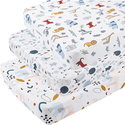 Pack and Play Sheets 3 Pack for Baby Boy, Stretchy Jersey Knitted Portable Mini Crib Sheets Playard Mattress Cover, Woodland Animal Elephant Fox Lion Bear Giraffe Zebra Printing