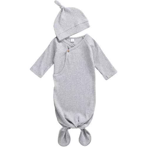 FIOMVA Newborn Baby Girl Boy Nightgowns Organic Cotton Gowns Knotted Sleeping Bag with Hat Coming Home Outfit for Unisex Baby