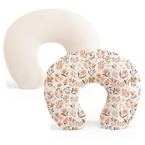 Konssy 2 Pack Nursing Pillow Covers, Stretchy and Soft Nursing Cover for Breastfeeding Pillows, Pillow Slipcover for Baby Girls Boys Newborn (Beige,Watercolour-Flower)