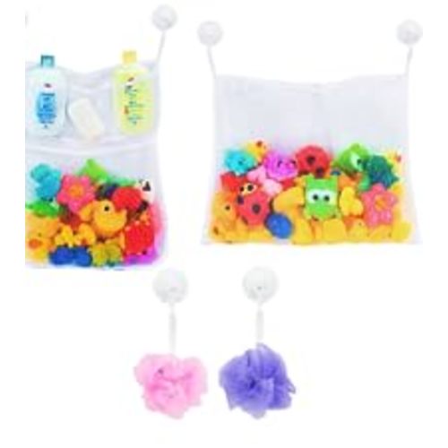 2 x Mesh Bath Toy Organizer + 6 Ultra Strong Hooks – The Perfect Bathtub Toy Holder & Bathroom or Shower Caddy – These Multi-use Net Bags Make Baby Bath Toy Storage Easy – For Kids & Toddlers - White x2