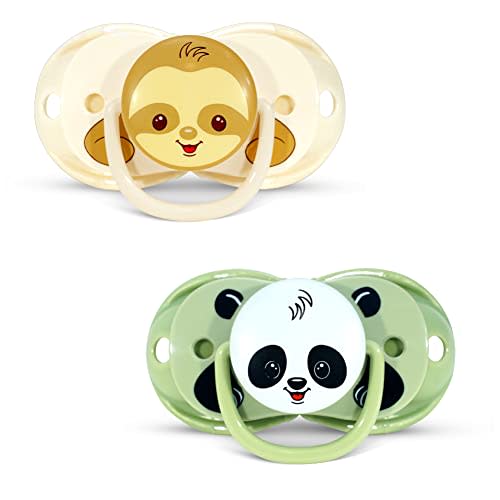 RaZbaby Keep-It-Kleen Baby Pacifier 2-Pack Closes When Dropped - BPA-Free Silicone Orthodontic Nipple, Ideal for Travel, Nipple Stays Clean, 0-36 Months - Panda/Sloth Design