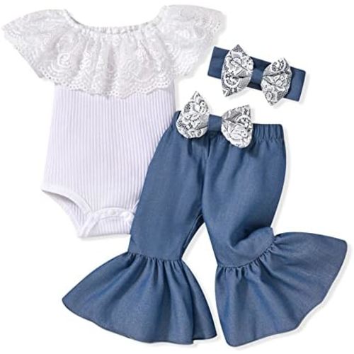HINTINA Newborn Baby Girl Short Sleeve Bodysuit Flared Pants Ribbed Outfits