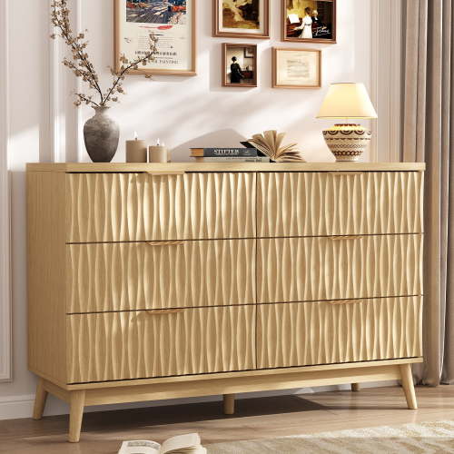 Fluted Dresser for Bedroom with 6 Drawers, 48" Wide Modern Chest of Drawers with Elegant Wave Design, Wooden Dresser TV Stand, Closet Clothes Storage Organizer for Living Room, Hallway
