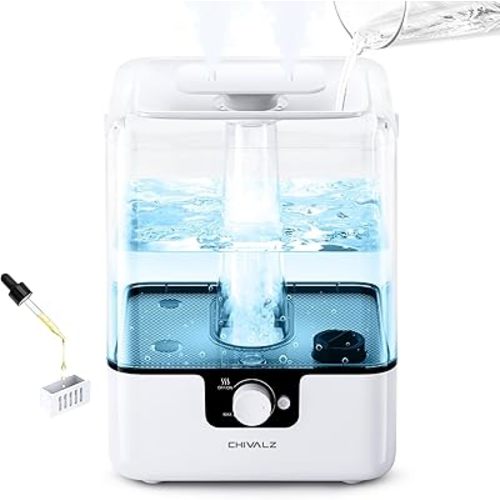 6L Humidifiers for Bedroom Large Room Home, CHIVALZ Cool Mist Top Fill Humidifiers for Baby Nursery and Plants, 26dB Quiet, Nightlight, Up to 50 Hours, Oil Diffuser 1 Pack + 2 Mist Outlets White