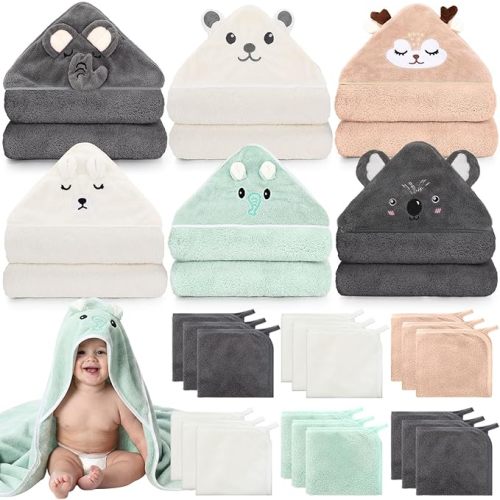Tegeme 24 Pcs Baby Bath Towel Set, 6 Oversized Hooded Towels (31x31") & 18 Washcloths(10"), Ultra Absorbent Soft Coral Fleece Assorted Animals for Newborn Infant Toddlers Baby Shower Gifts, Neutral
