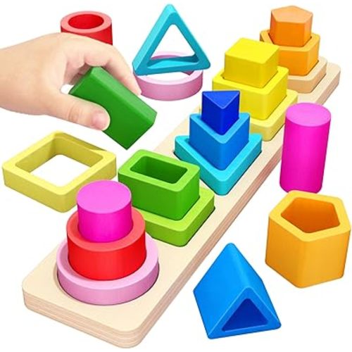 PEBIRA Montessori Toys for 1 2 3 Year Old Boys Girls Toddlers, Heightened Peg-Free Wooden Stacking Toys, Shape Sorter Learning Toy, Birthday Gift for Baby Kid Age 1-4 Preschool Toy, Various Game Play
