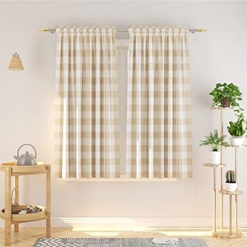 Buffalo Check Curtains 45 inches Long Cotton Basement Beige and White Gingham Plaid Kitchen Window Panels Living Room Checker Drapes Bedroom Rod Pocket Window Treatment 2 Panels