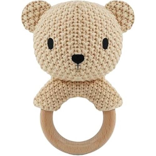 Baby Rattles Toys Infant Hand Knitted Sensory Teething Baby Newborn Toys 0-3 Months Crochet Plush Wooden Ring Baby Girl Toys 0-6 Months Gentle Rattle Baby Toys Soft Cute Bear Baby Gift