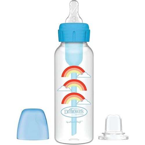 Dr. Brown's Anti-Colic Options+ Narrow Sippy Bottle Starter Kit, 8oz/250mL, with Level 3 Medium-Fast Flow Nipple and Soft 100% Silicone Sippy Spout, Blue, BPA Free, 6m+