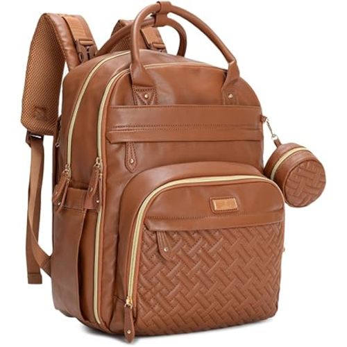 BabbleRoo Leather Diaper Bag Backpack - Baby Essentials Travel Baby Bag, Multi function, Waterproof, with Changing Pad, Stroller Straps & Pacifier Case – Unisex, Natural Brown