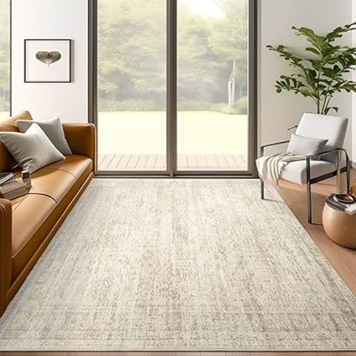 5x7 Area Rugs Beige Low Pile Indoor Washable Trendy Faded Style Rugs for Bedroom Living Room Dining Room Foldable Non-Slip Thin Print Mat