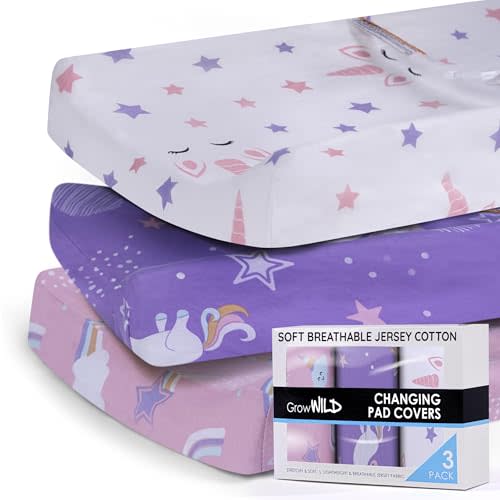 GROW WILD Changing Pad Cover 3 Pack | Soft & Stretchy Jersey Cotton | Baby Changing Table Pad Cover | Diaper Changing Pad Covers for Girls and Boys (Rainbows & Unicorn)