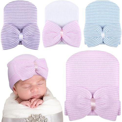 Cuffbow 4 Pcs Preemie Hats Bow Cap Warm Hospital Premature Baby Cotton Beanie for Premature Boy Girl Newborn 3-7 Lbs Infant