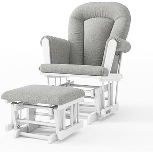 Child Craft Cozy Glider Rocker and Ottoman Set, Padded Cushion with Convenient Storage Pockets, Solid Wood Base & Frame (Matte White with Gray Cushion)