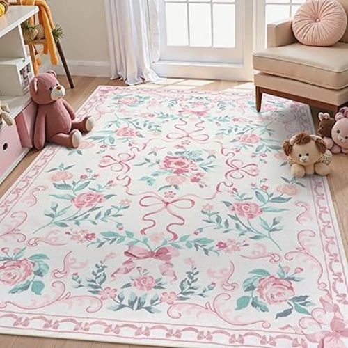 Collive Pink Floral Rugs for Girls, 5x7 Washable Bow Area Rug for Living Room, Cute Ultra-Thin Non Slip Indoor Decor Carpet for Nursery Kids Room Bedroom Playroom (Pink 5' x 7')
