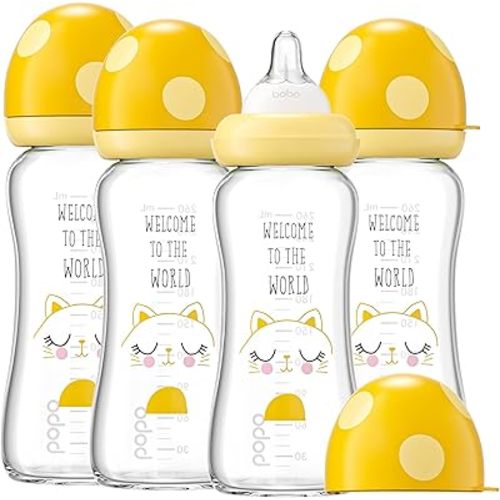 YOHKOH Natural Glass Baby Bottle with Natural Response Nipple, Newborn Anti-Colic Baby Bottles, Wide Neck Mushroom Cap Baby Bottle, Clear (8.8ounce (Pack of 4), Yellow1)
