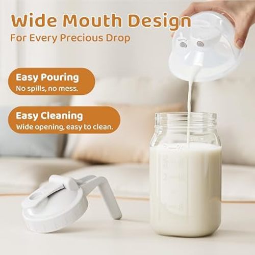 Breast Milk Pitcher, Mason Jar 32 oz, Heavy Duty Wide Mouth Jar with White Flip Cap Lid and Pour Spout, Airtight Seal for Freshness and Convenience, Formula Pitcher Great for Cold Beverages