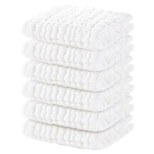 Yoofoss Muslin Baby Washcloths 100% Cotton Face Towels 6 Pack Wash Cloths for Baby 12x12in Soft and Absorbent Baby Wipes (White)