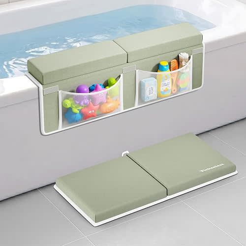 Bath Kneeler and Elbow Rest Pad Set-Baby Bath Kneeler with 1.5'' Comfortable Thick Memory Foam Cushion, Non-Slip Knee & Arm Support for Baby Bath Time,Foldable Bath Mat for Baby with Storage Pockets
