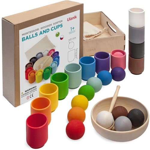 Ulanik Balls in Cups Toddler Montessori Toys for 1 Year Old + Kids Preschool Wooden Matching Games for Learning Color Sorting and Counting