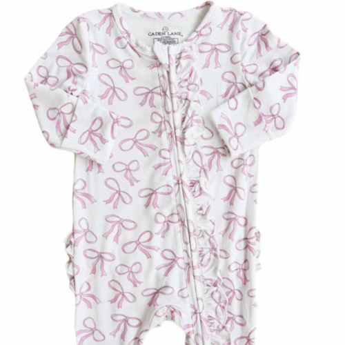 Girl Ruffle Zipper Footies - Pink Bows in 0-3m
