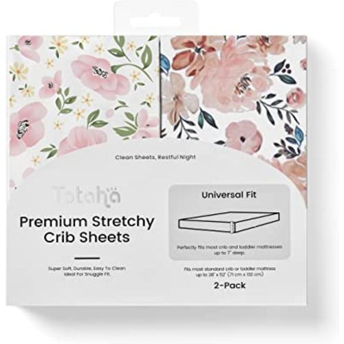 TotAha Premium Stretchy Crib Sheets (2-Pack)-Hypoallergenic, Silky Comfort, Buttery Soft, Calming Effect, All-Season Jersey-Knit Sheets, 9'' Extra Deep Pocket(Meredith Allover Floral & Pale Pink)